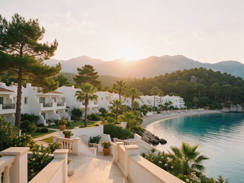 Sfeerbeeld van een hotel aan een baai aan de Turkse zuidkust