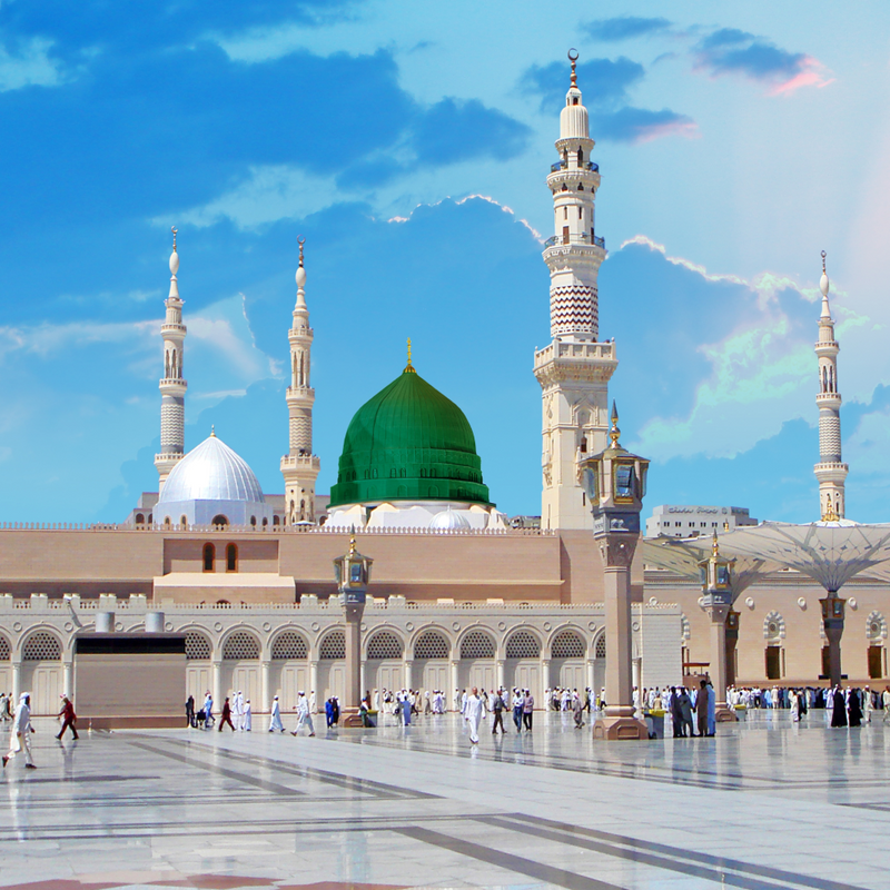 De groene koepel van de Masjid an-Nabawi in Medina